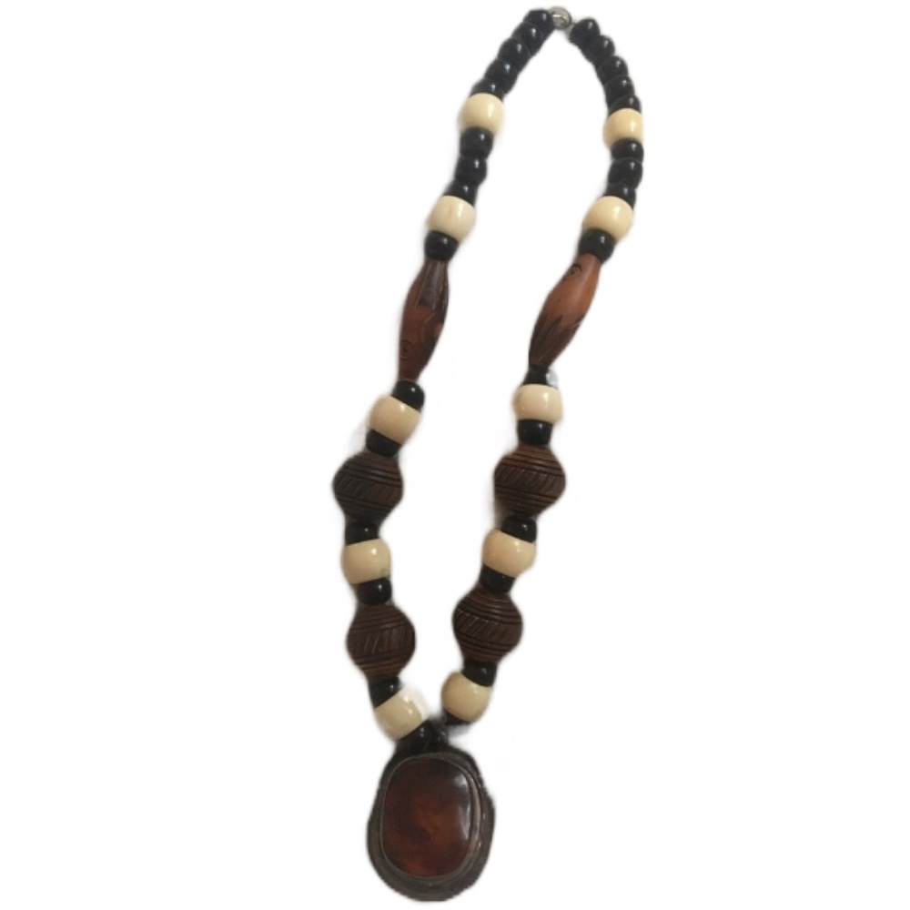 African inspired beaded necklace with amber & sterling silver